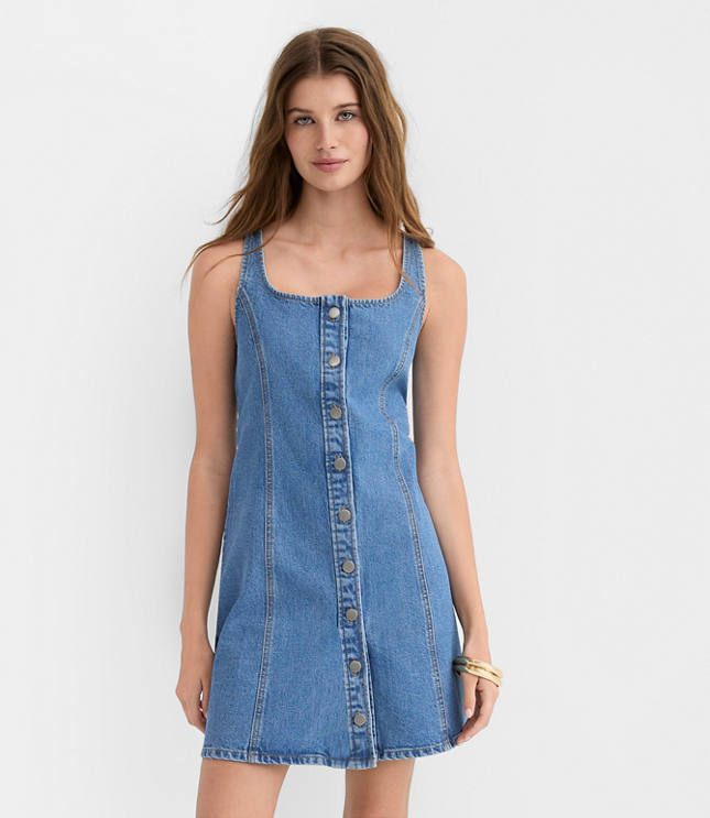Petite Denim Seamed Button Mini Dress in Classic Mid Wash