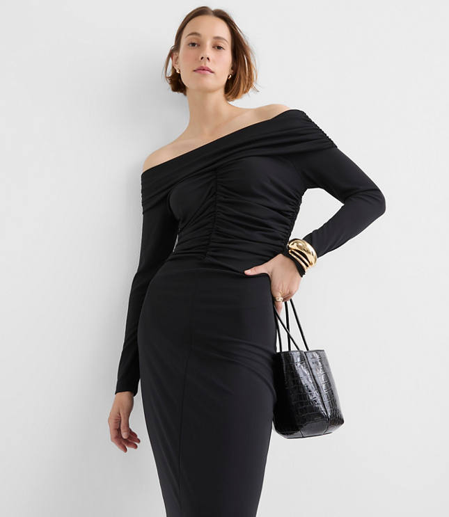 Petite Ruched Off The Shoulder Midi Dress