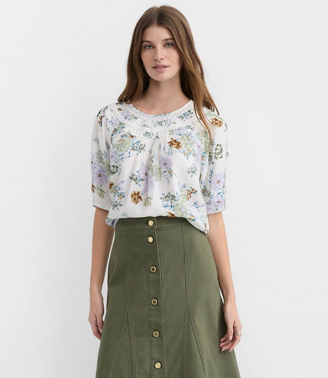 Petite Floral Lace Trim Yoke Blouse