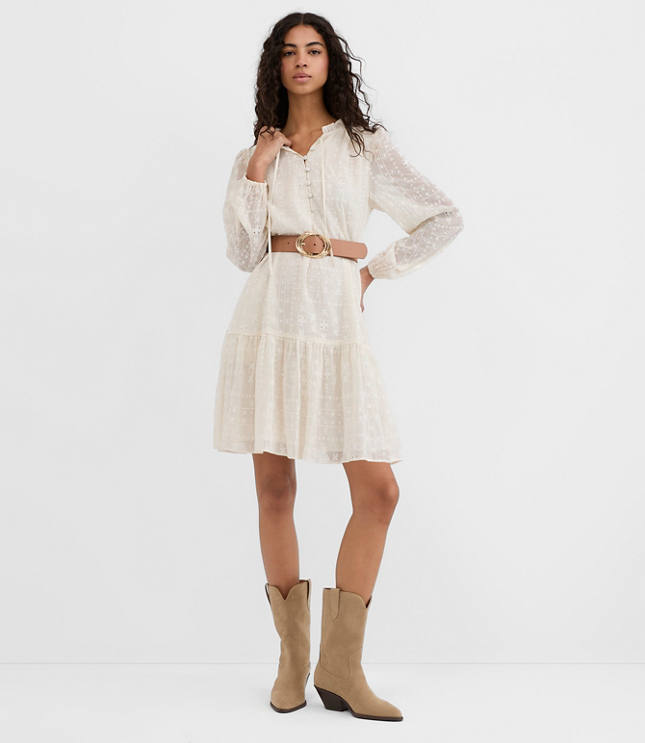 Petite Eyelet Tie Neck Flounce Mini Pocket Dress