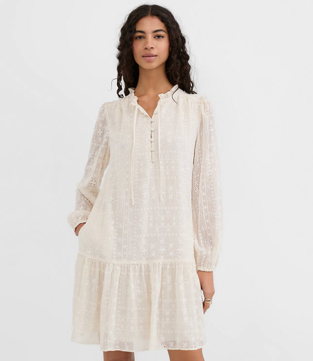 Petite Eyelet Tie Neck Flounce Mini Pocket Dress