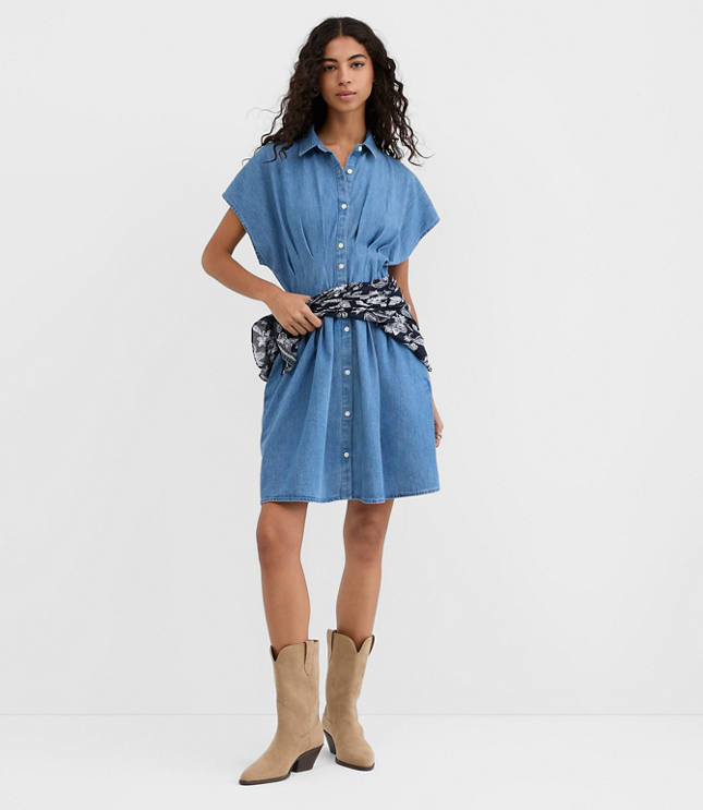 Petite Chambray Pleated Mini Pocket Shirtdress