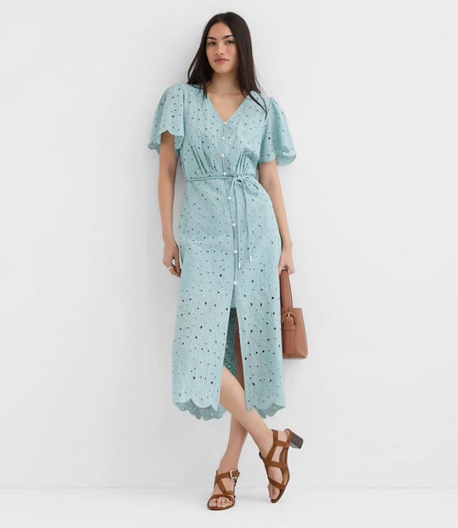 Petite Scalloped Eyelet Midi Pocket Shirtdress