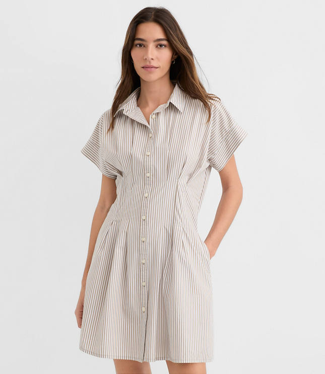 Petite Striped Poplin Pleated Mini Pocket Shirtdress