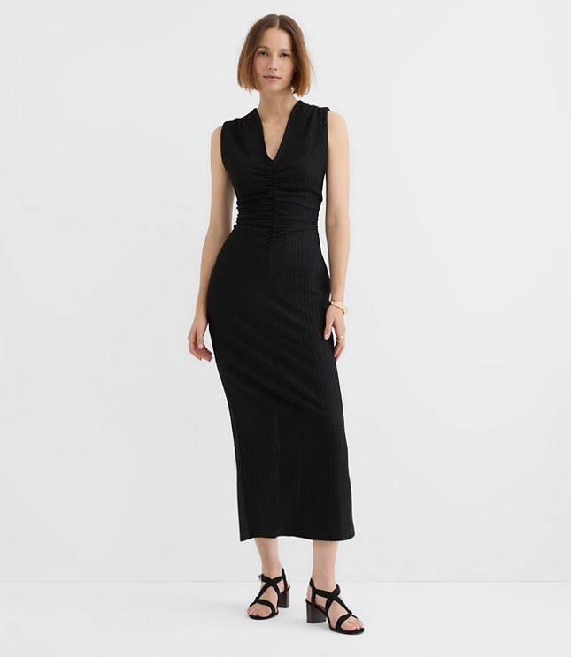 Petite Textured Ruched V-Neck Midi Dress
