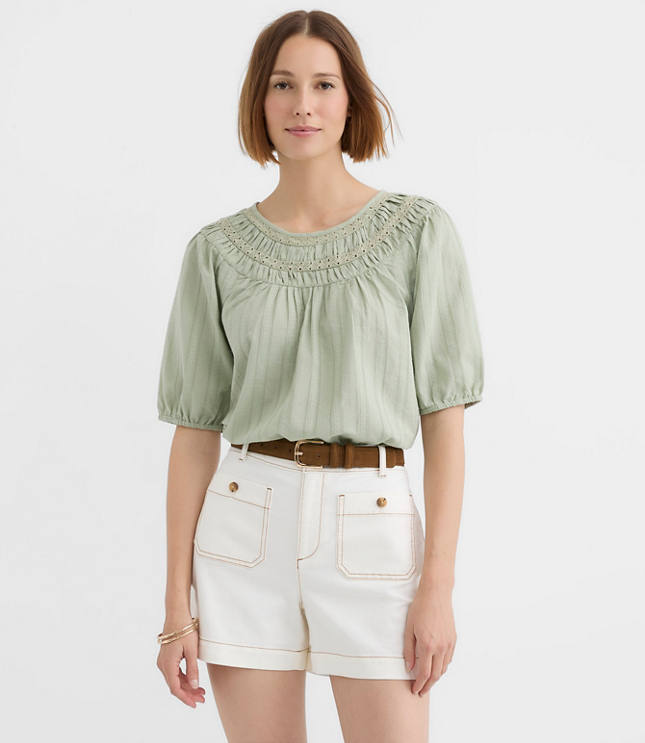 Petite Striped Lace Trim Yoke Blouse