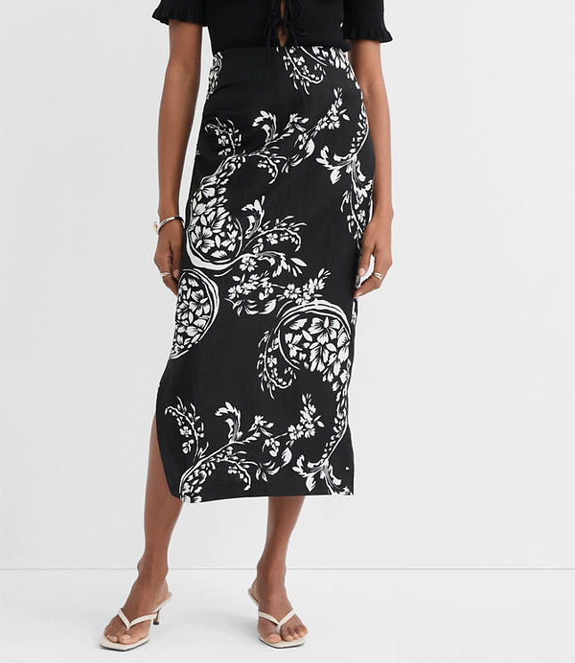 Floral Paisley Ruched Linen Blend Midi Skirt
