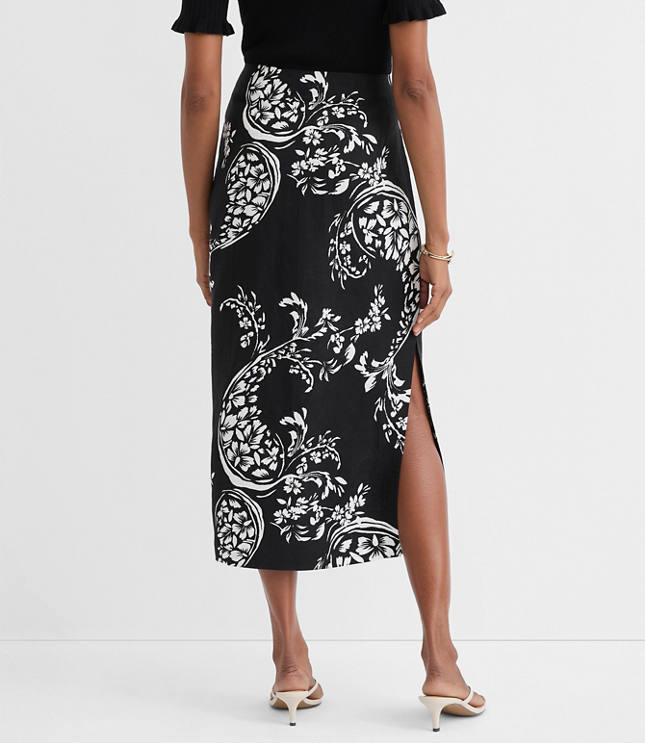 Floral Paisley Ruched Linen Blend Midi Skirt
