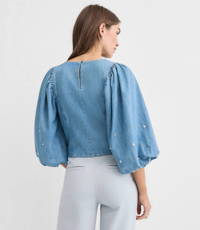 Petite Studded Chambray Puff Sleeve Blouse