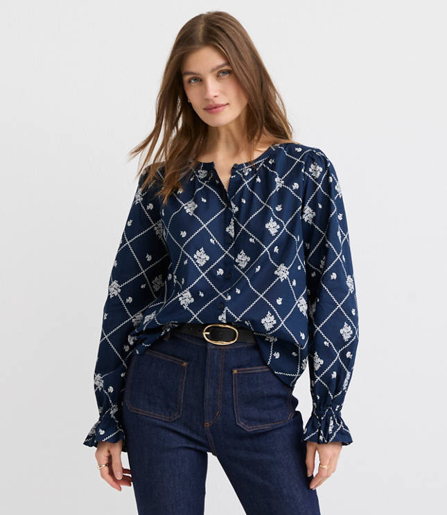 Petite Bouquet Ruffle Cuff Blouse