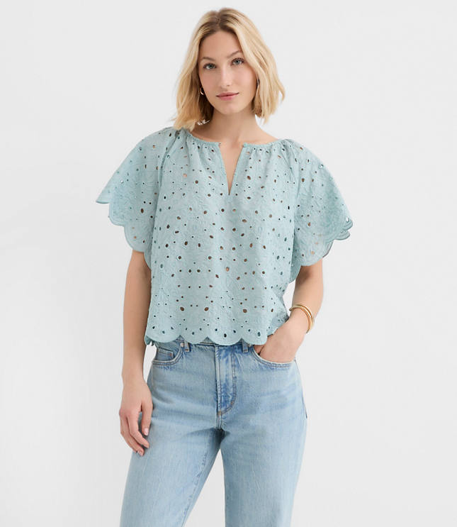 Petite Scalloped Eyelet Flutter Sleeve Top