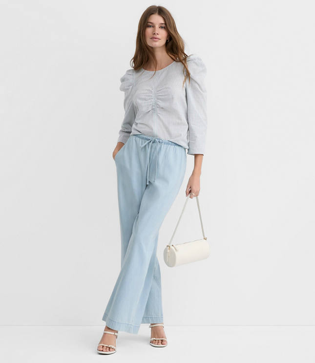 Petite Stripe Ruched Puff Sleeve Top