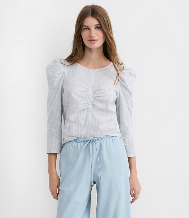 Petite Stripe Ruched Puff Sleeve Top