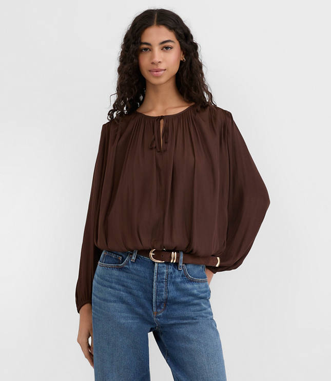 Petite Shirred Tie Neck Bubble Blouse