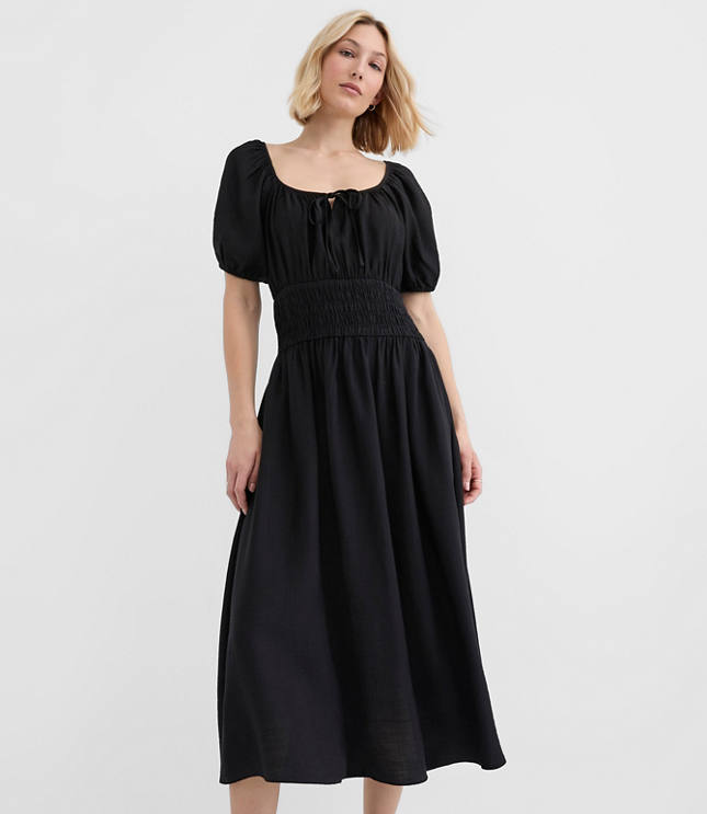 Tall Ruffle Tie Neck Smocked Midi Dress