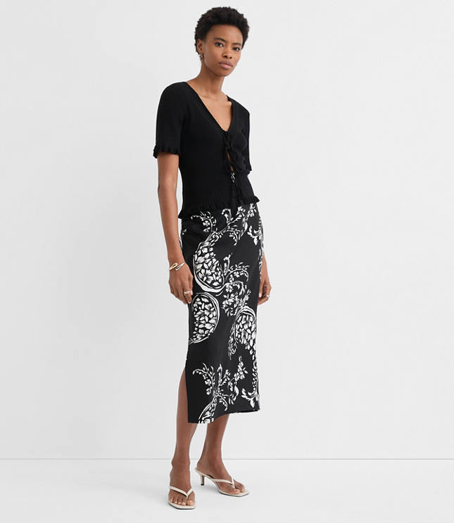 Petite Floral Paisley Ruched Linen Blend Midi Skirt