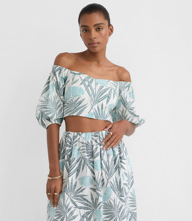 LOFT Beach Palm Poplin Puff Sleeve Crop Top