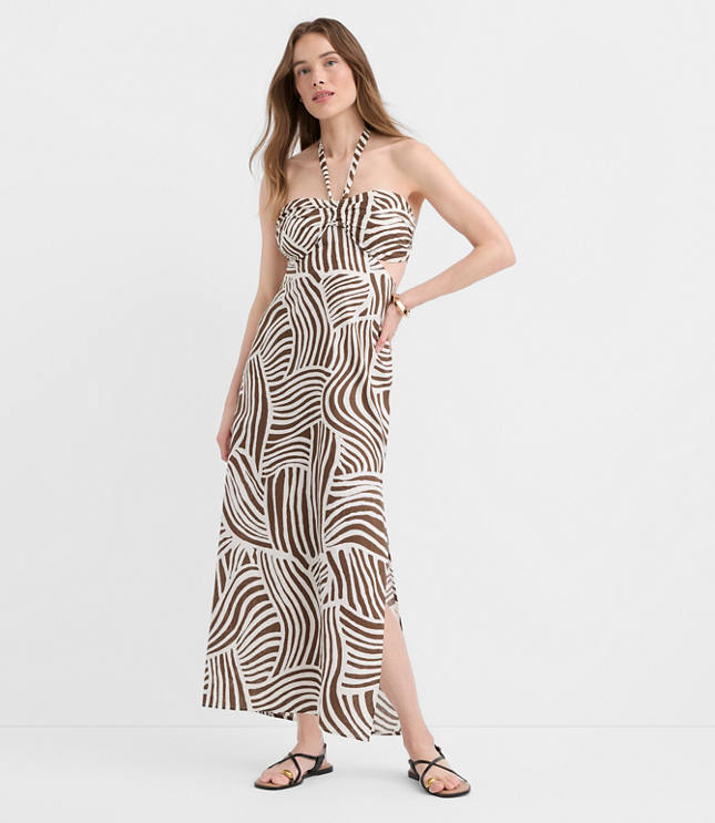 LOFT Beach Wave Linen Cotton Cutout Halter Maxi Dress