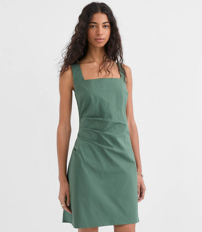 Petite Pleated Stretch Poplin Square Neck Mini Dress
