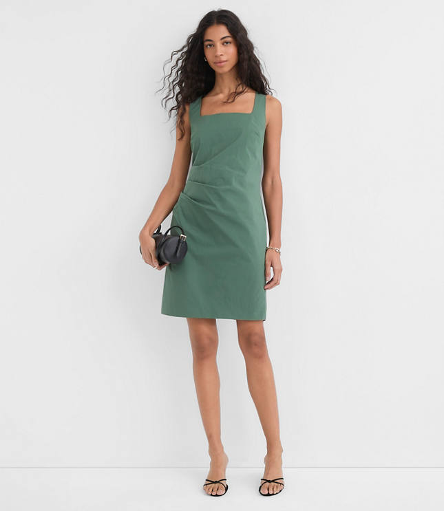 Petite Pleated Stretch Poplin Square Neck Mini Dress