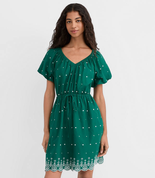 Eyelet Puff Sleeve Mini Pocket Dress