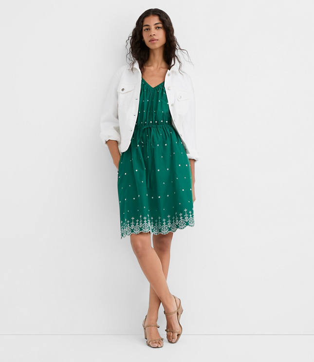 Eyelet Puff Sleeve Mini Pocket Dress