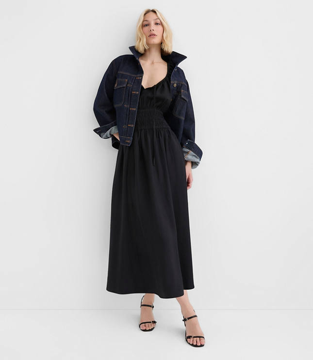 Petite Ruffle Tie Neck Smocked Midi Dress