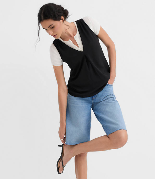 Pleated V-Neck Mixed Media Shell