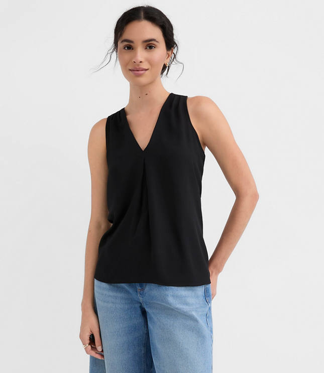 Pleated V-Neck Mixed Media Shell