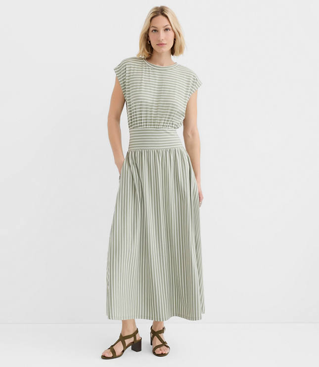 Striped Cap Sleeve Maxi Pocket Dress