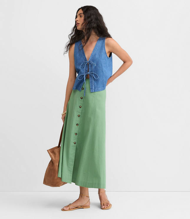 Petite Seamed Linen Cotton Button Midi Skirt