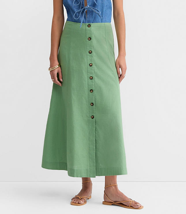 Petite Seamed Linen Cotton Button Midi Skirt