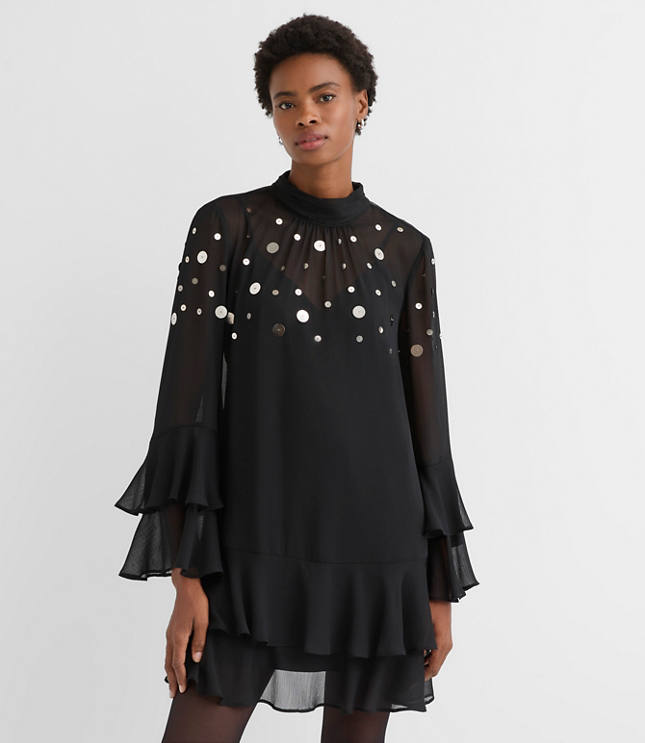 Sequin Ruffle Mock Neck Mini Dress