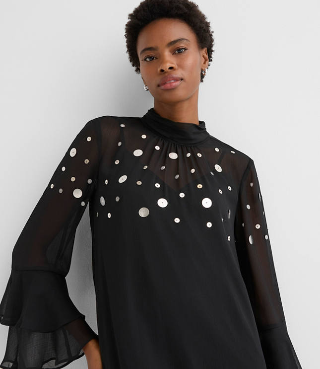 Sequin Ruffle Mock Neck Mini Dress