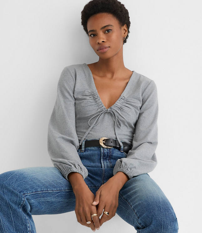 Petite Heathered Cinched Tie Neck Top