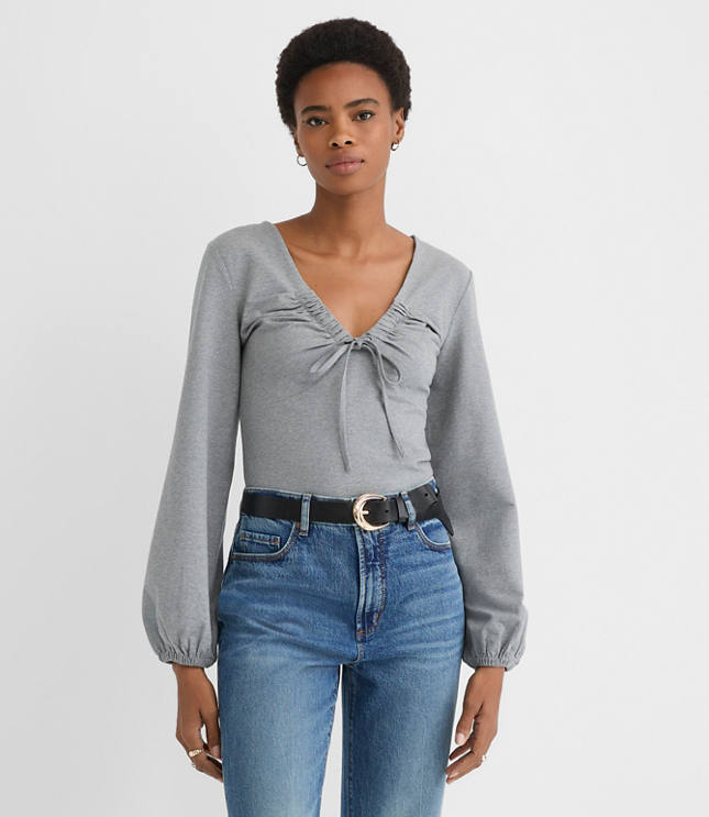Petite Heathered Cinched Tie Neck Top