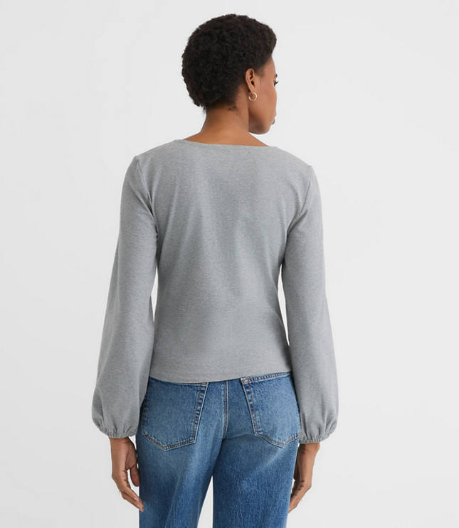 Petite Heathered Cinched Tie Neck Top