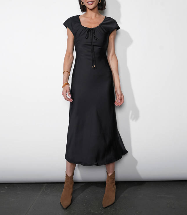 Greylin Inez Neck Drawstring Satin Midi Dress
