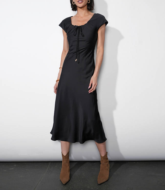 Greylin Inez Neck Drawstring Satin Midi Dress