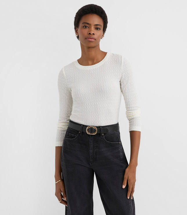 Petite Puckered Long Sleeve Crew Neck Tee