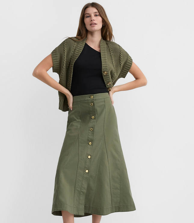 Petite Twill Godet Button Midi Skirt