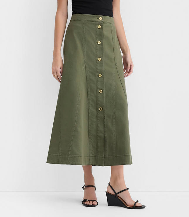 Petite Twill Godet Button Midi Skirt