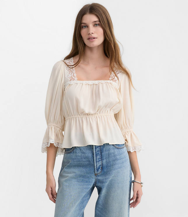 Petite Floral Lace Trim Peplum Top