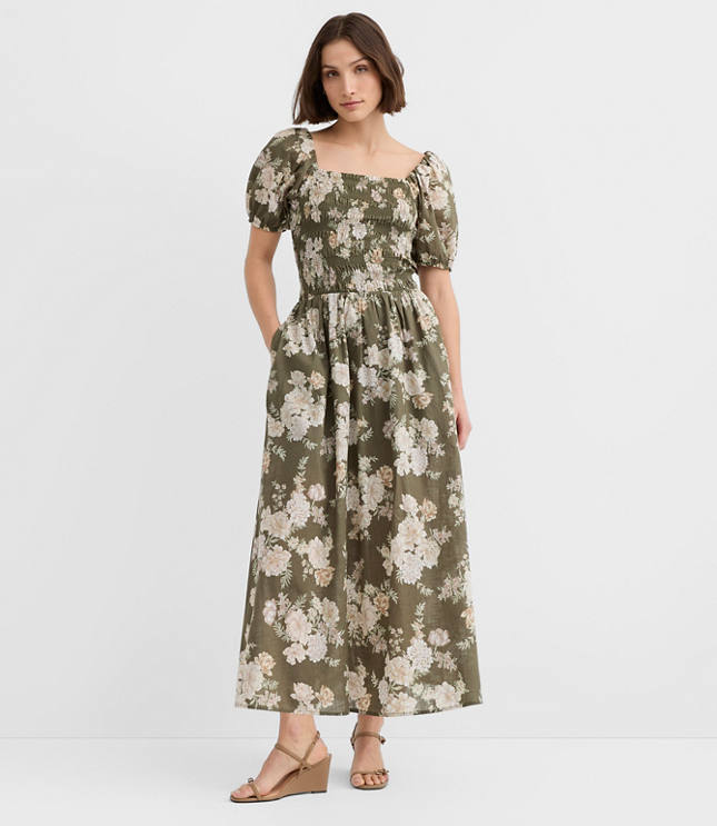 Petite Floral Smocked Puff Sleeve Midi Dress