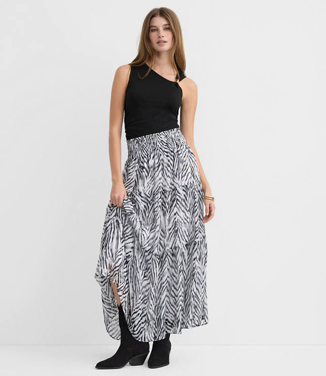 Petite Zebra Print Ruffle Smocked Maxi Skirt