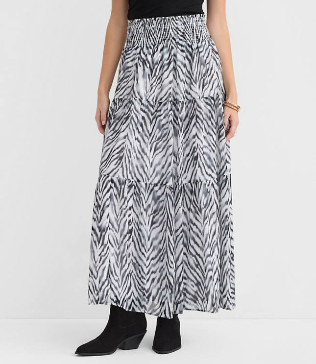 Petite Zebra Print Ruffle Smocked Maxi Skirt