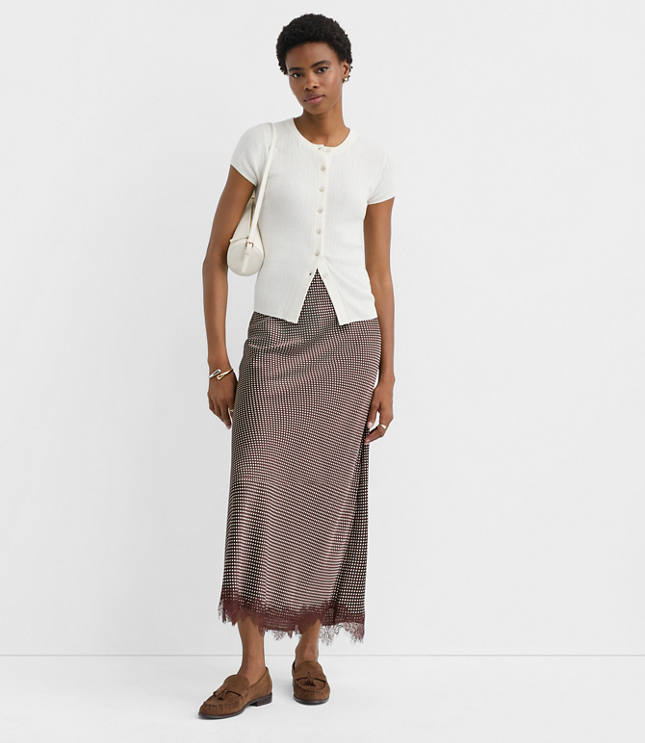 Pindot Lace Trim Satin Bias Maxi Skirt