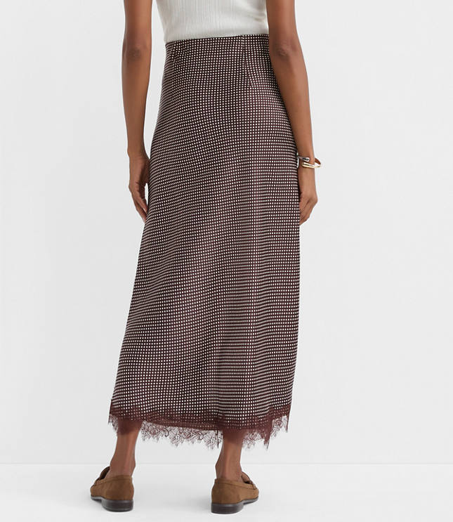 Pindot Lace Trim Satin Bias Maxi Skirt