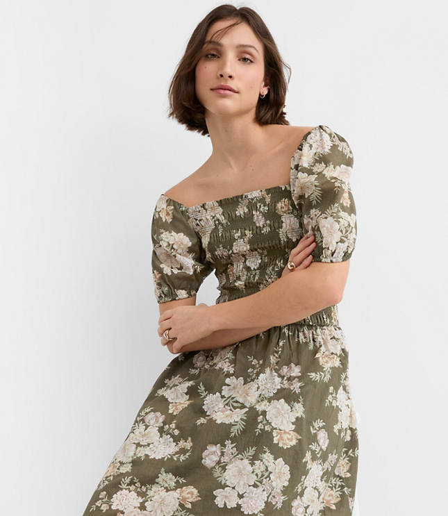 Floral Smocked Puff Sleeve Midi Dress