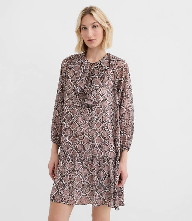 Petite Snake Print Ruffle Tie Neck Mini Dress